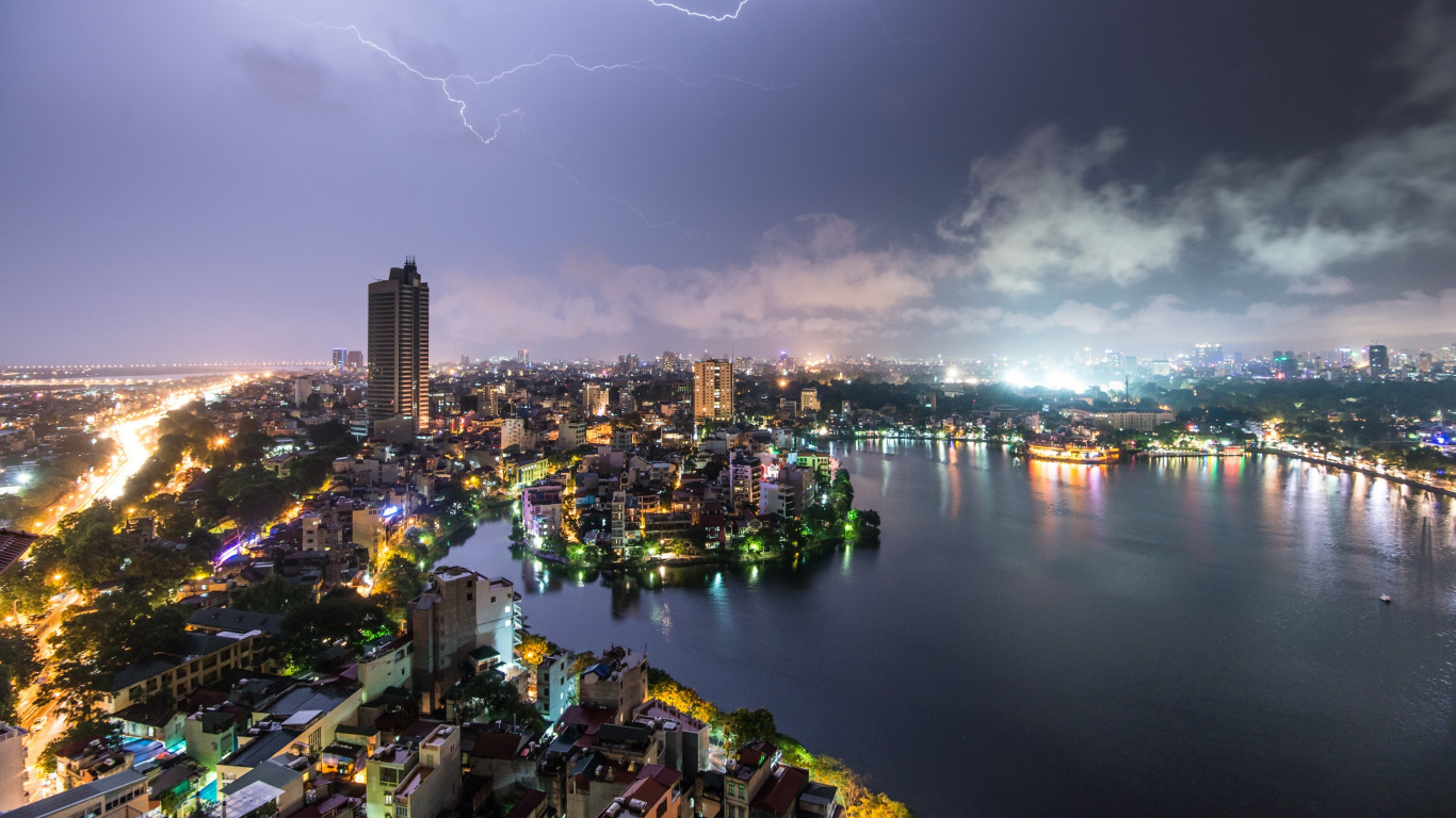 Обои Ханой, городской пейзаж, город, городской район, ночь в разрешении 1366x768