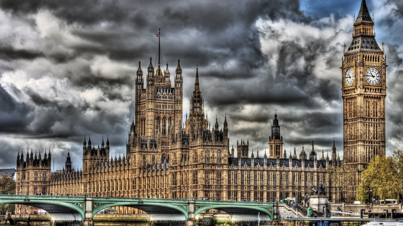 Обои здание парламента, вестминстерский дворец, Биг Бен, река темза, ориентир в разрешении 1366x768