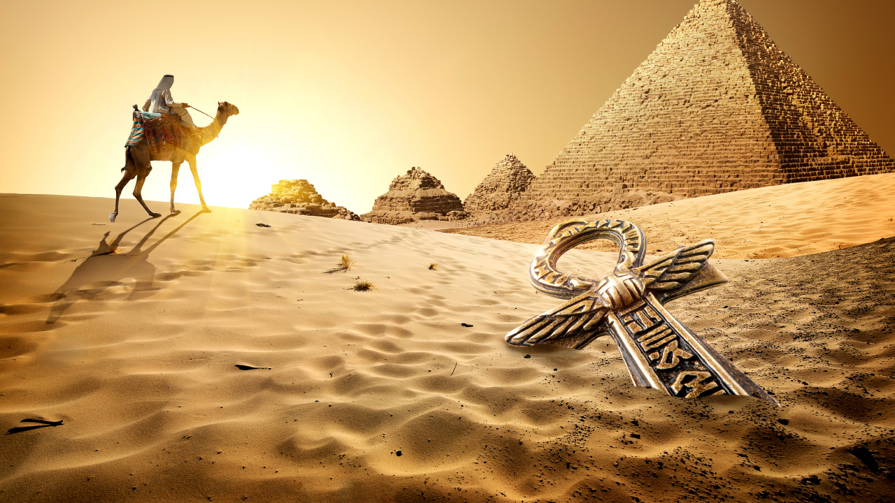 Обои египетская пирамида, пирамида, верблюд, пустыня, песок в разрешении 1280x720