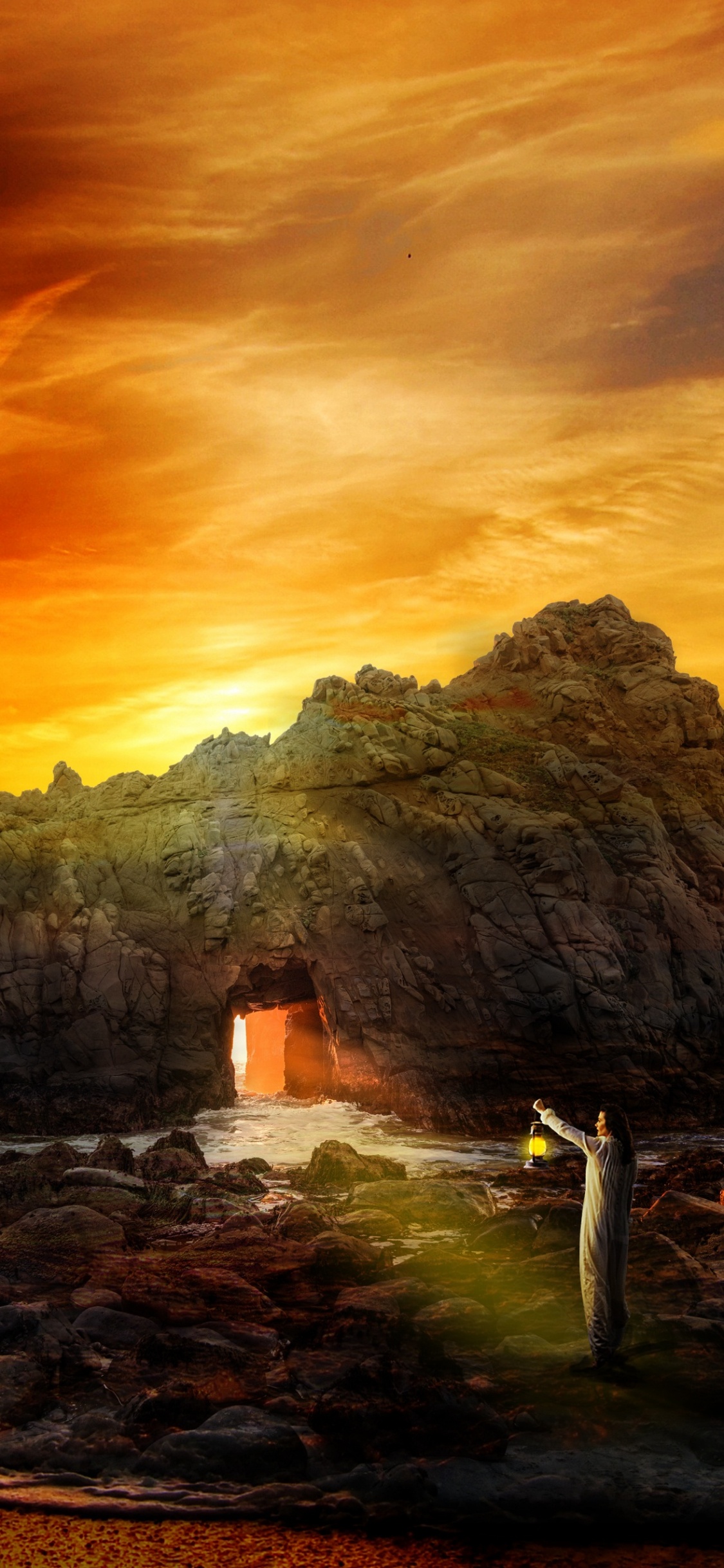 Обои природа, закат, горизонт, рок, море в разрешении 1125x2436