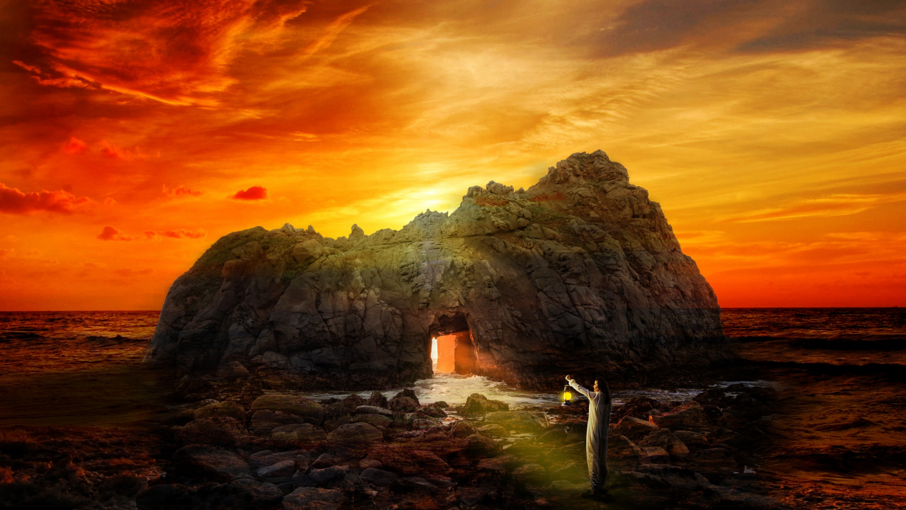 Обои природа, закат, горизонт, рок, море в разрешении 1280x720