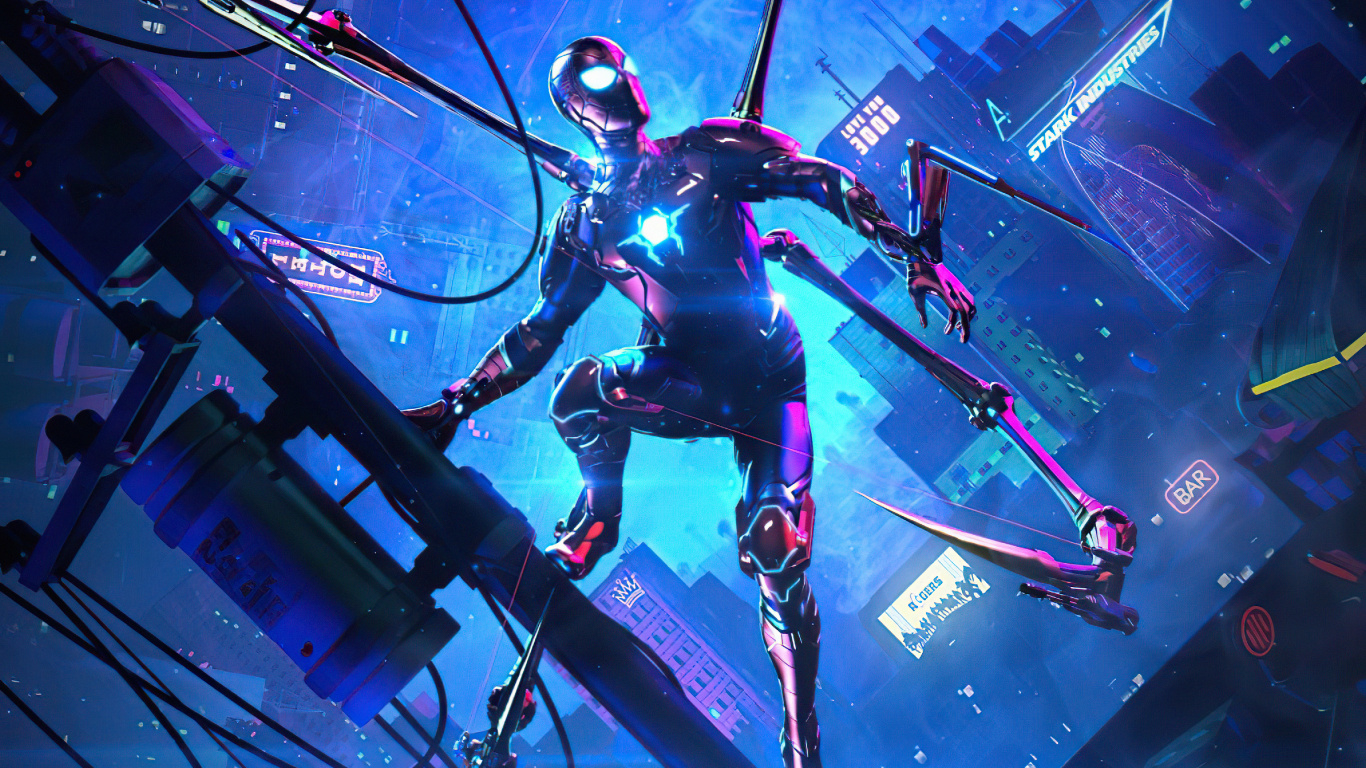 Обои Spider Verse Into The Cyberpunk в разрешении 1366x768