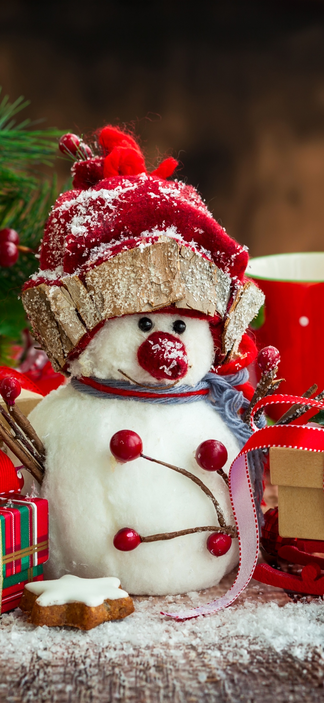 Обои Рождественский день, рождественский орнамент, Рождество, Рождественские украшения, Снеговик в разрешении 1125x2436