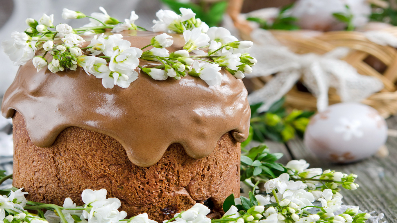 Обои шоколадный торт, Паска, пасхальный кулич, кулич, пасхальное яйцо в разрешении 1366x768