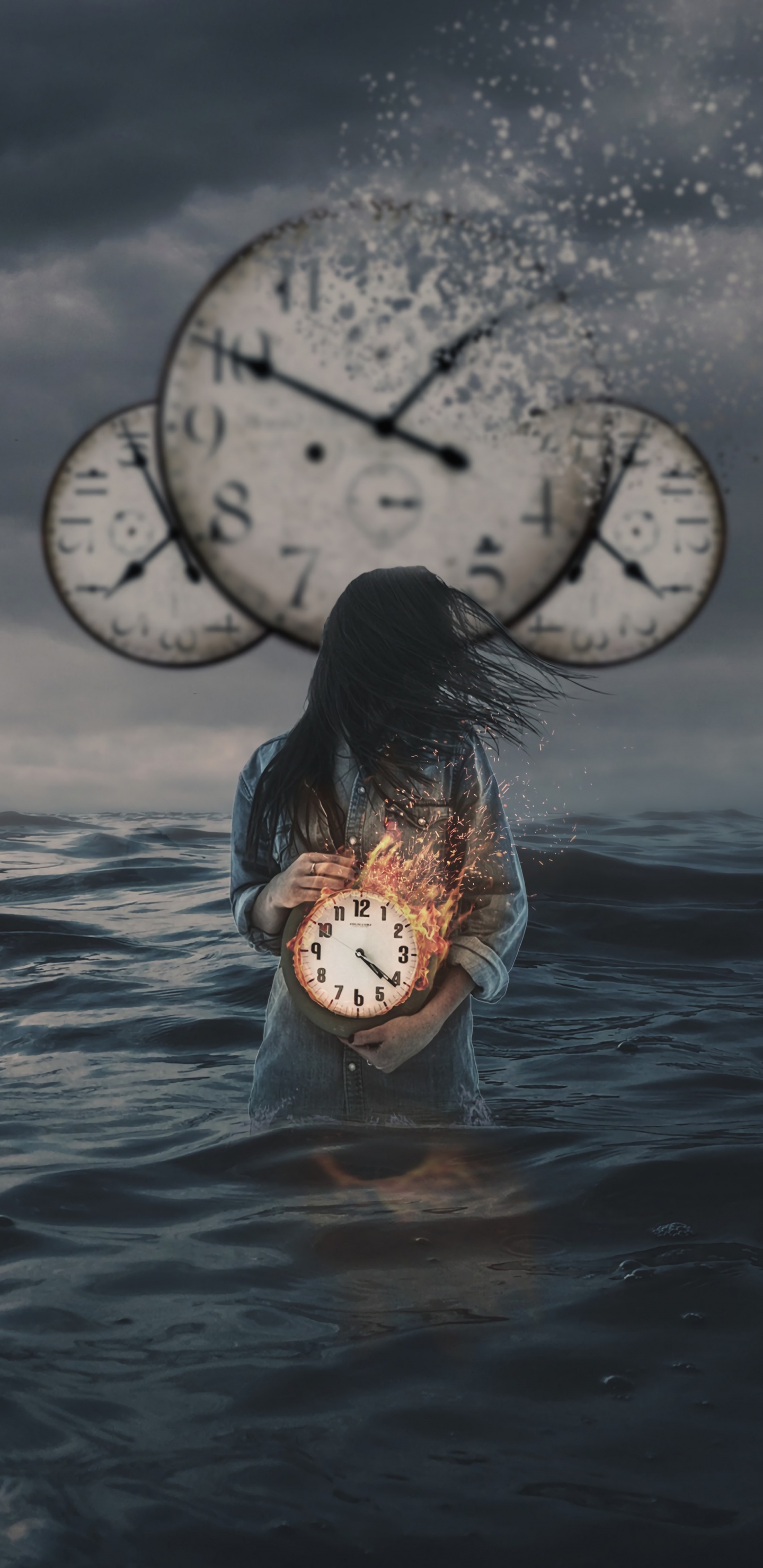 Обои вода, иллюстрация, визуальное искусство, часы, видео в разрешении 1440x2960