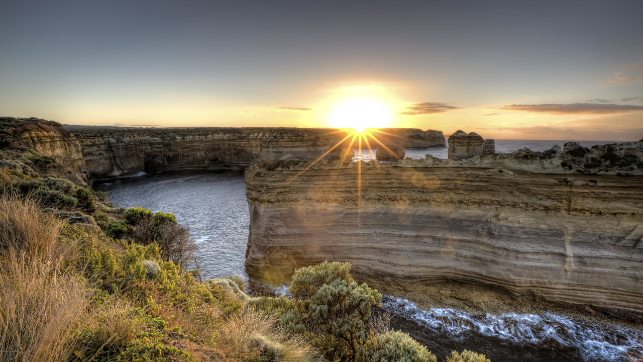 Обои Порт-Кемпбелл, обрыв, закат, побережье, небо в разрешении 1280x720