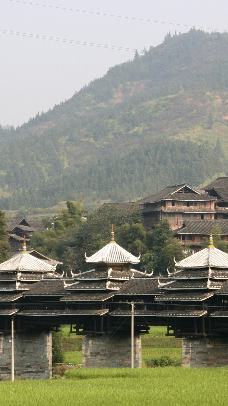 Обои Мост Чэнъян, мост, Кам людей, горная станция, гора в разрешении 750x1334