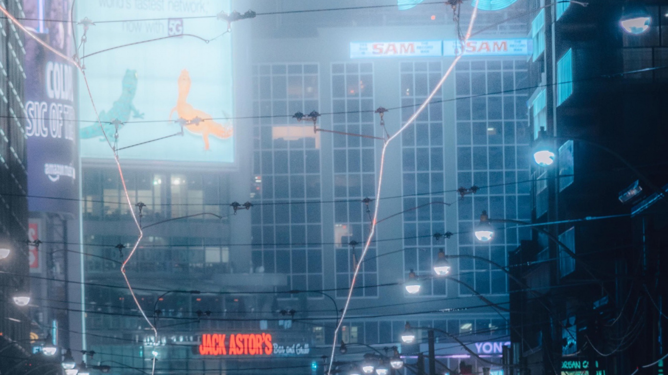 Обои городской пейзаж, здание, автомобильное освещение, легковые автомобили, свет в разрешении 1366x768