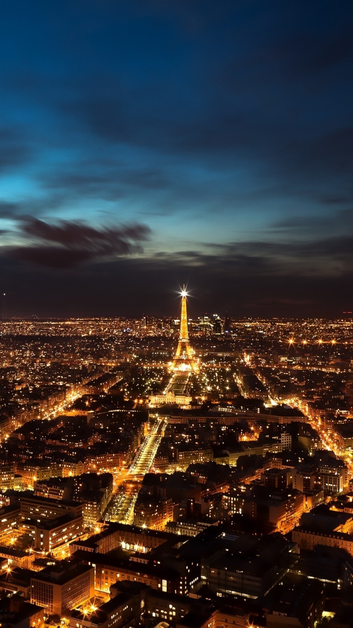 Обои Париж, Эйфелева башня, городской пейзаж, ночь, городской район в разрешении 720x1280