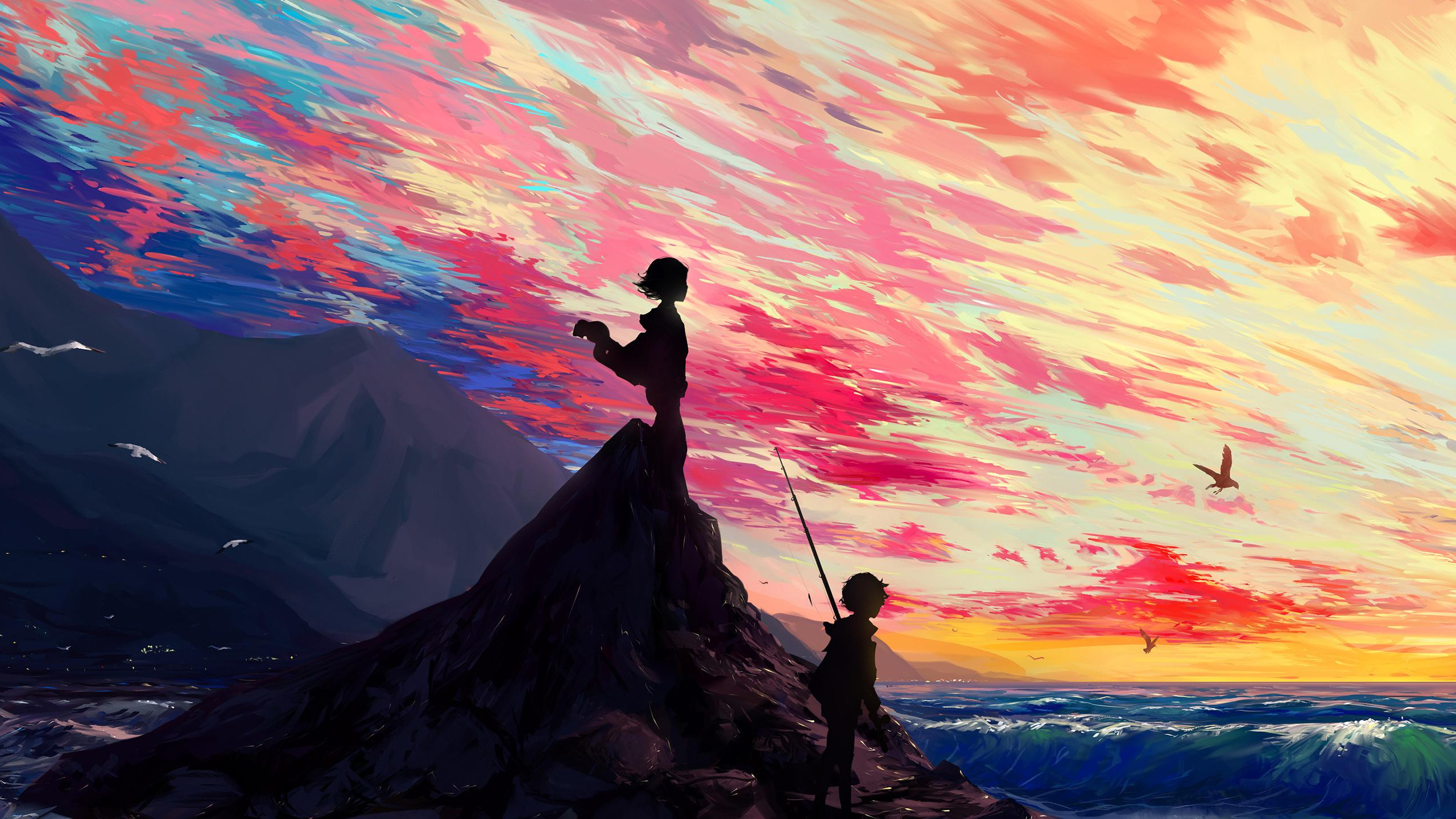 Обои живопись, пейзажная живопись, абстрактное искусство, арт, цифровое искусство в разрешении 2560x1440