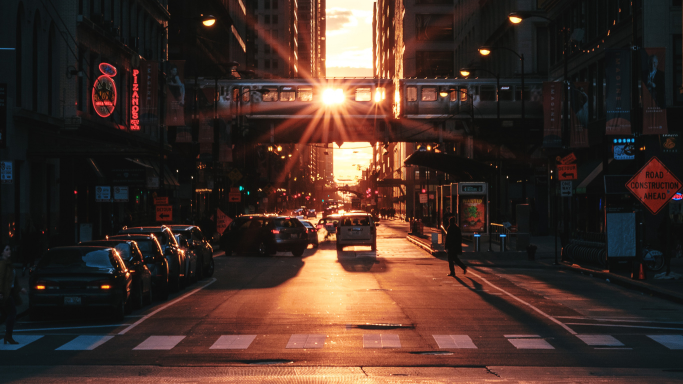 Обои закат, город, метрополия, городской район, городской пейзаж в разрешении 1366x768