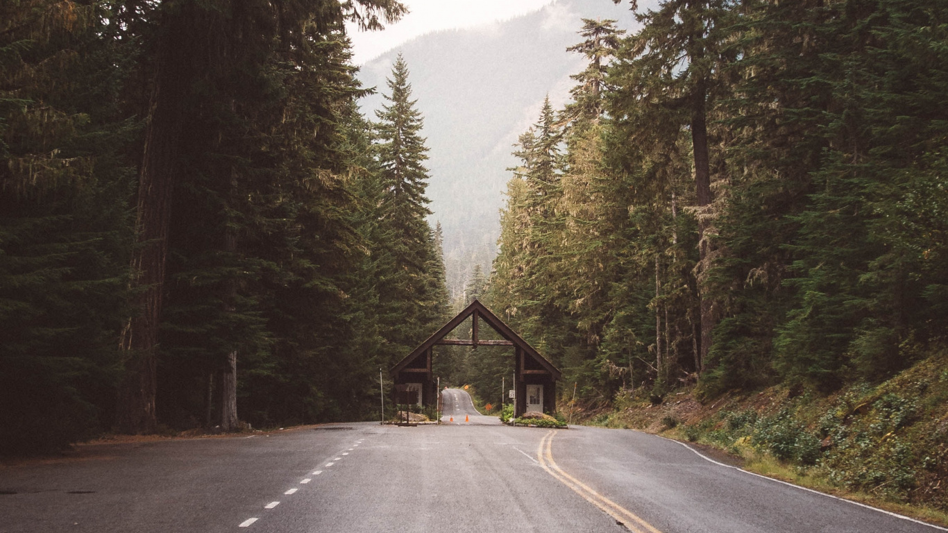 Обои национальный парк Маунт рейнир, дорожное покрытие, дорожное путешествие, небо, солнечный свет в разрешении 1366x768