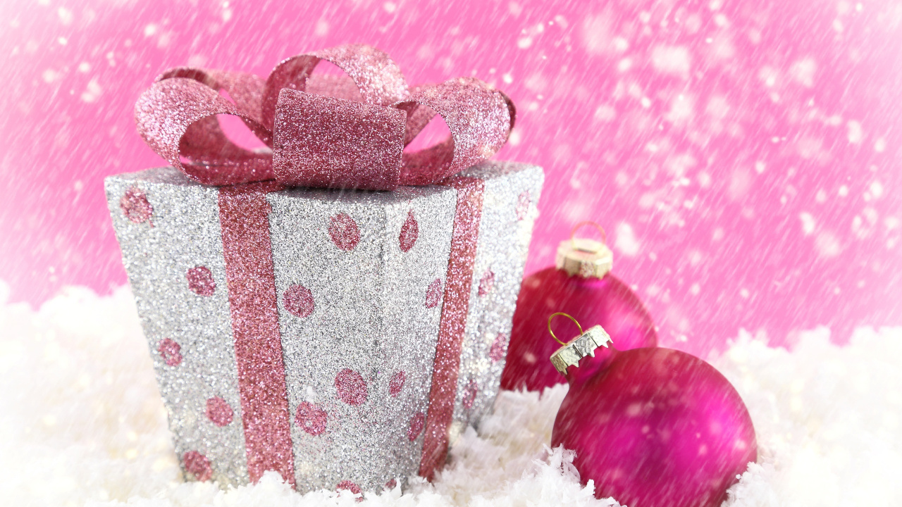 Обои Рождественский день, розовый, пурпурный цвет, блеск, рождественский орнамент в разрешении 1280x720