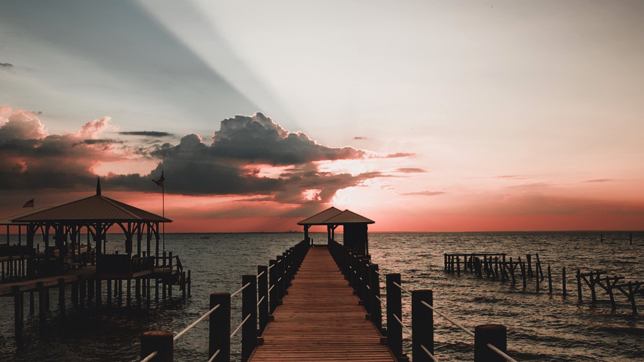 Обои вода, атмосфера, природа, послесвечение, древесина в разрешении 1280x720