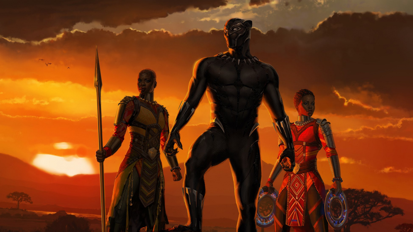 Обои Черная пантера, Ваканда, marvel, Постер фильма, небо в разрешении 1366x768
