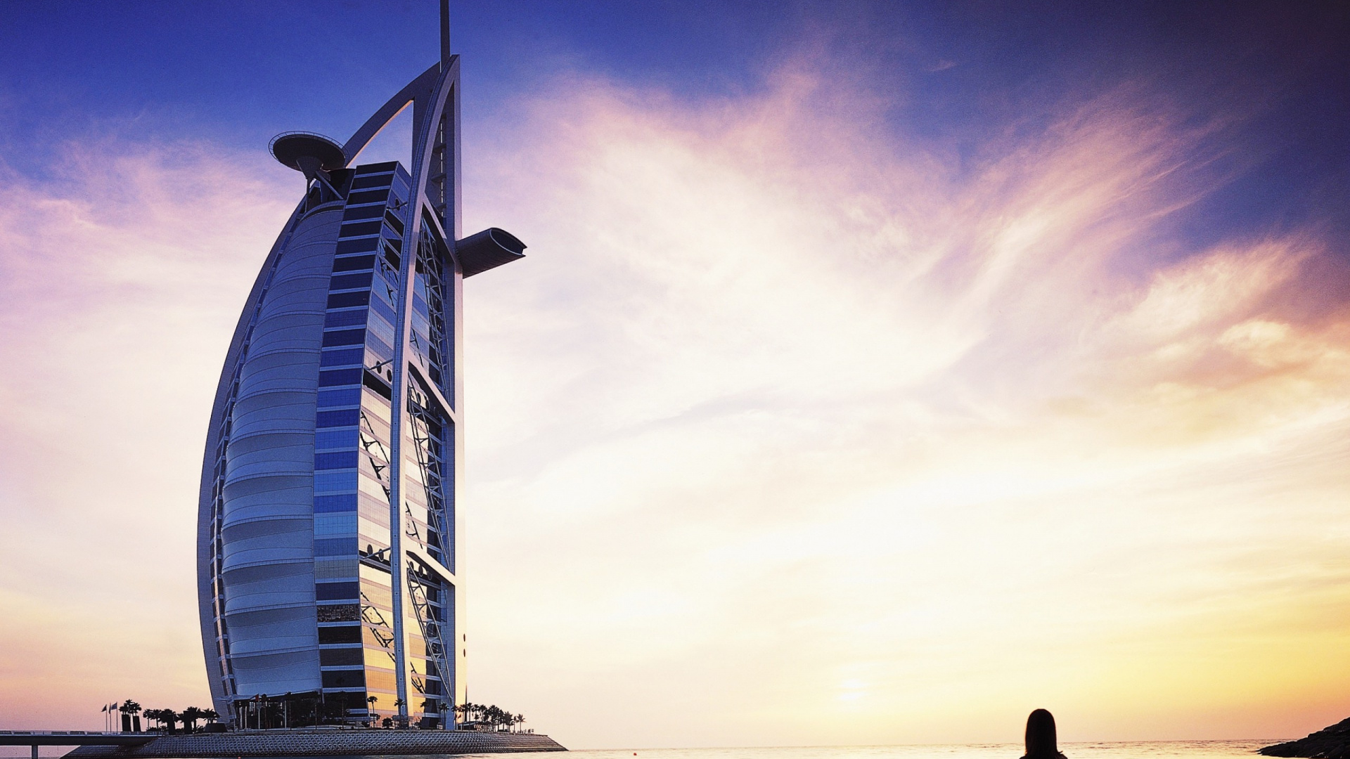 Обои Бурдж Аль араб, закат, горизонт, море, сюита в разрешении 1920x1080