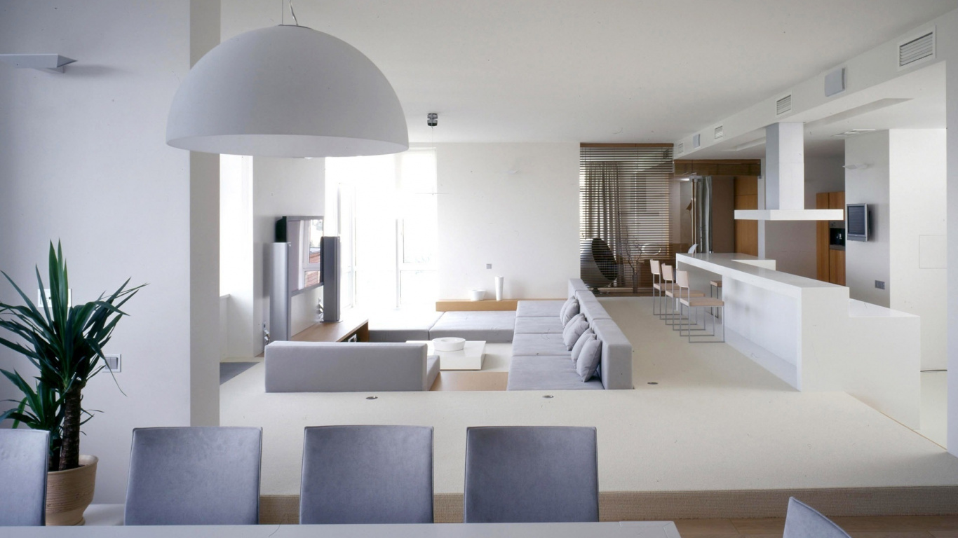 Обои гостиная комната, мебель, дизайн интерьера, потолок, стол в разрешении 1366x768