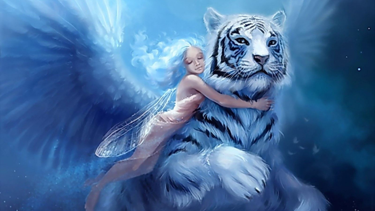 Обои тигр, мифология, сверхъестественное существо, синий, Лев в разрешении 1280x720