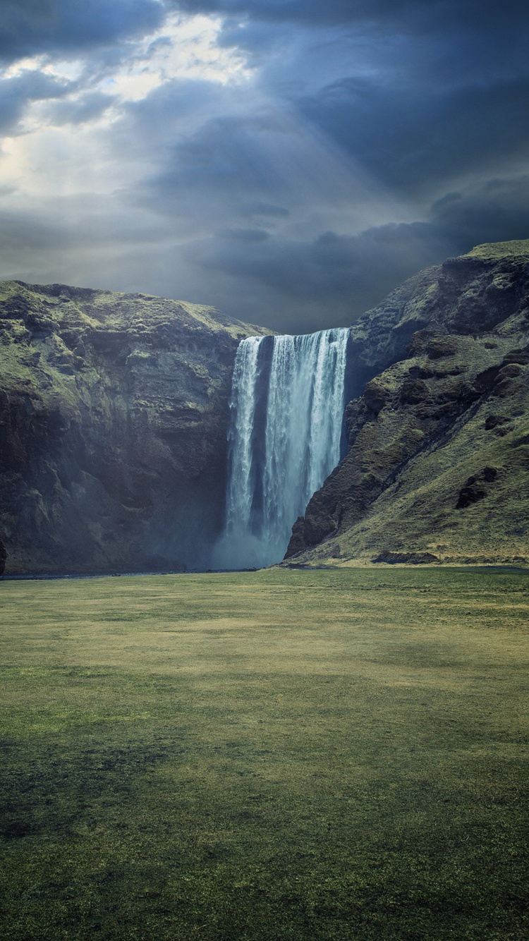 Обои Skgafoss, водопад, природа, вода, гидроресурсы в разрешении 750x1334