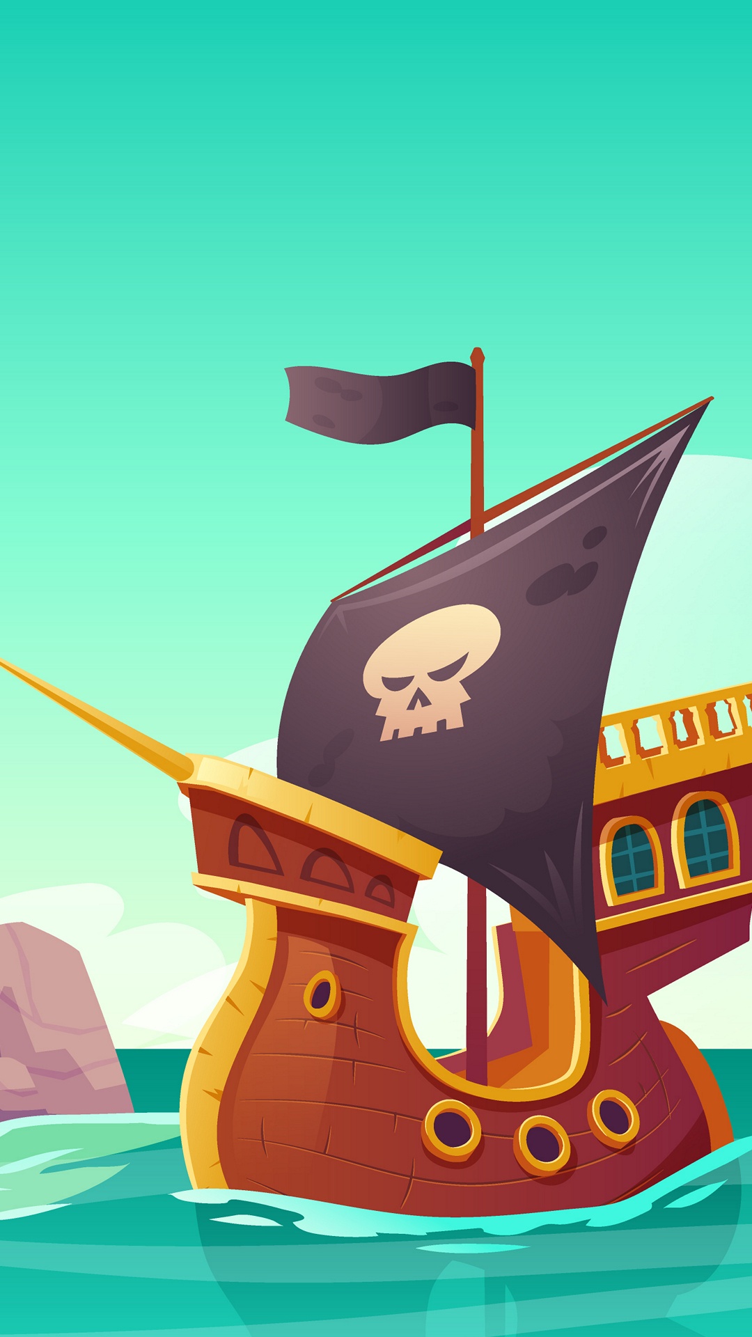 Обои пиратский корабль на острове мультфильм, пиратство, векторная графика, иллюстрация, Остров в разрешении 1080x1920