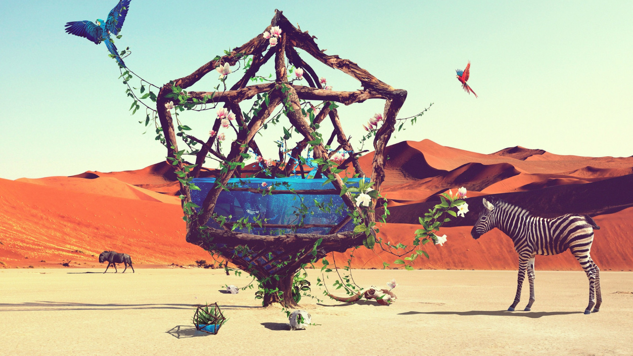 Обои пустыня, арт, окружающая среда, Жираф, живая природа в разрешении 1280x720