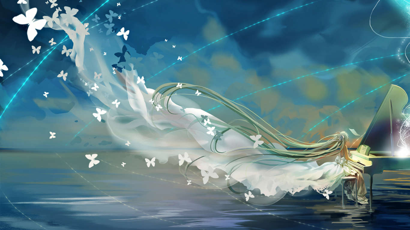 Обои Хацунэ Мику, вокалоид, небо, отражение, голубой в разрешении 1366x768