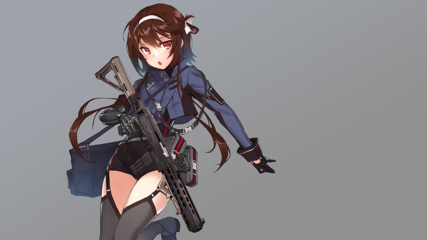 Обои Девочки Прифронтовых, пистолетпулемет, аниме, длинные волосы, фигурка в разрешении 1366x768