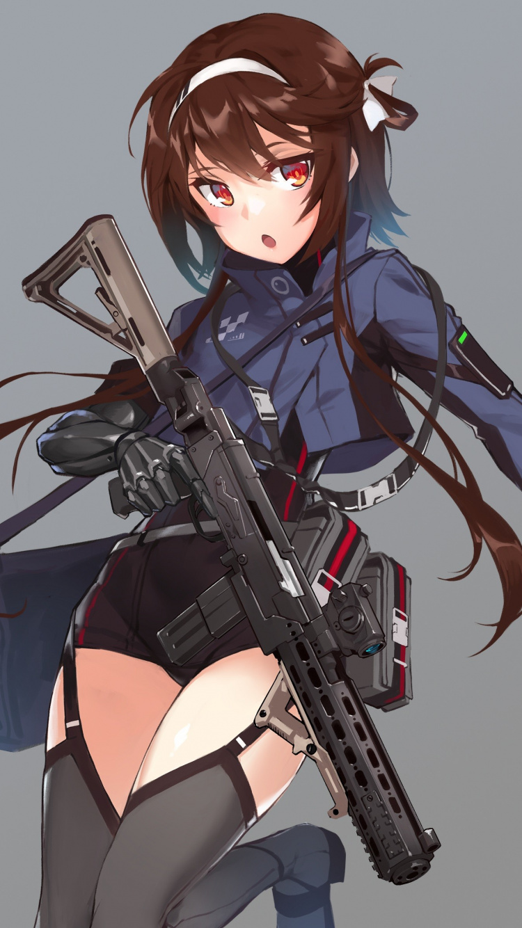 Обои Девочки Прифронтовых, пистолетпулемет, аниме, длинные волосы, фигурка в разрешении 750x1334