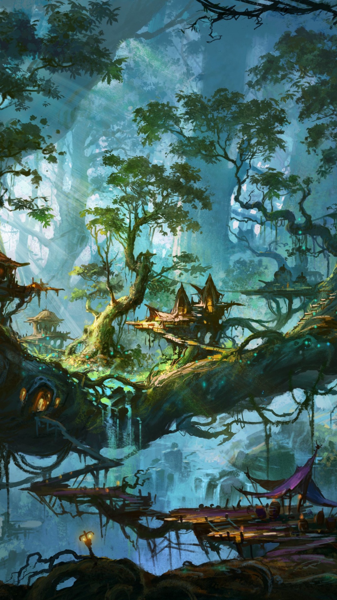 Обои фэнтези, дерево, заболоченный рукав реки, лес, живопись в разрешении 1080x1920