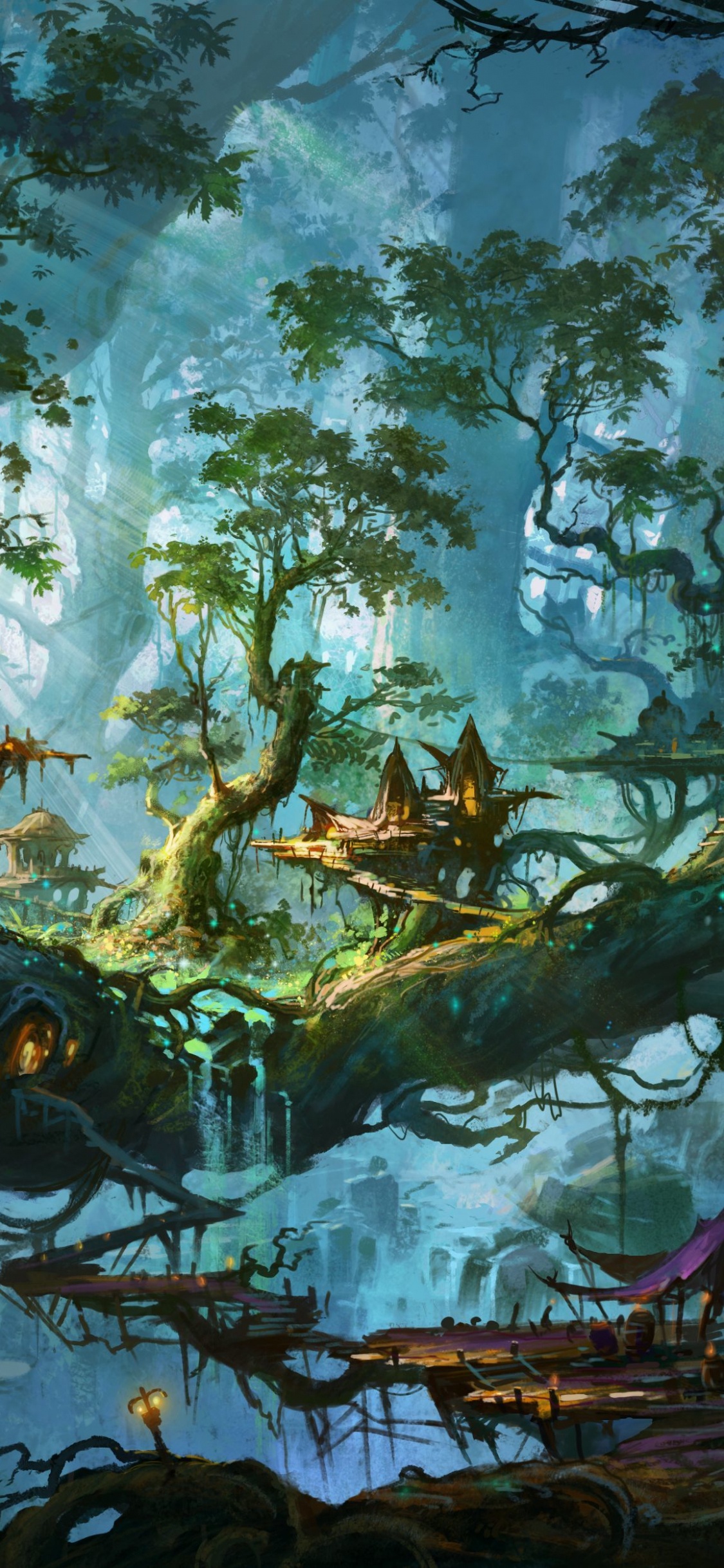 Обои фэнтези, дерево, заболоченный рукав реки, лес, живопись в разрешении 1125x2436