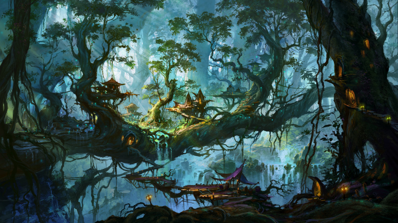 Обои фэнтези, дерево, заболоченный рукав реки, лес, живопись в разрешении 1366x768