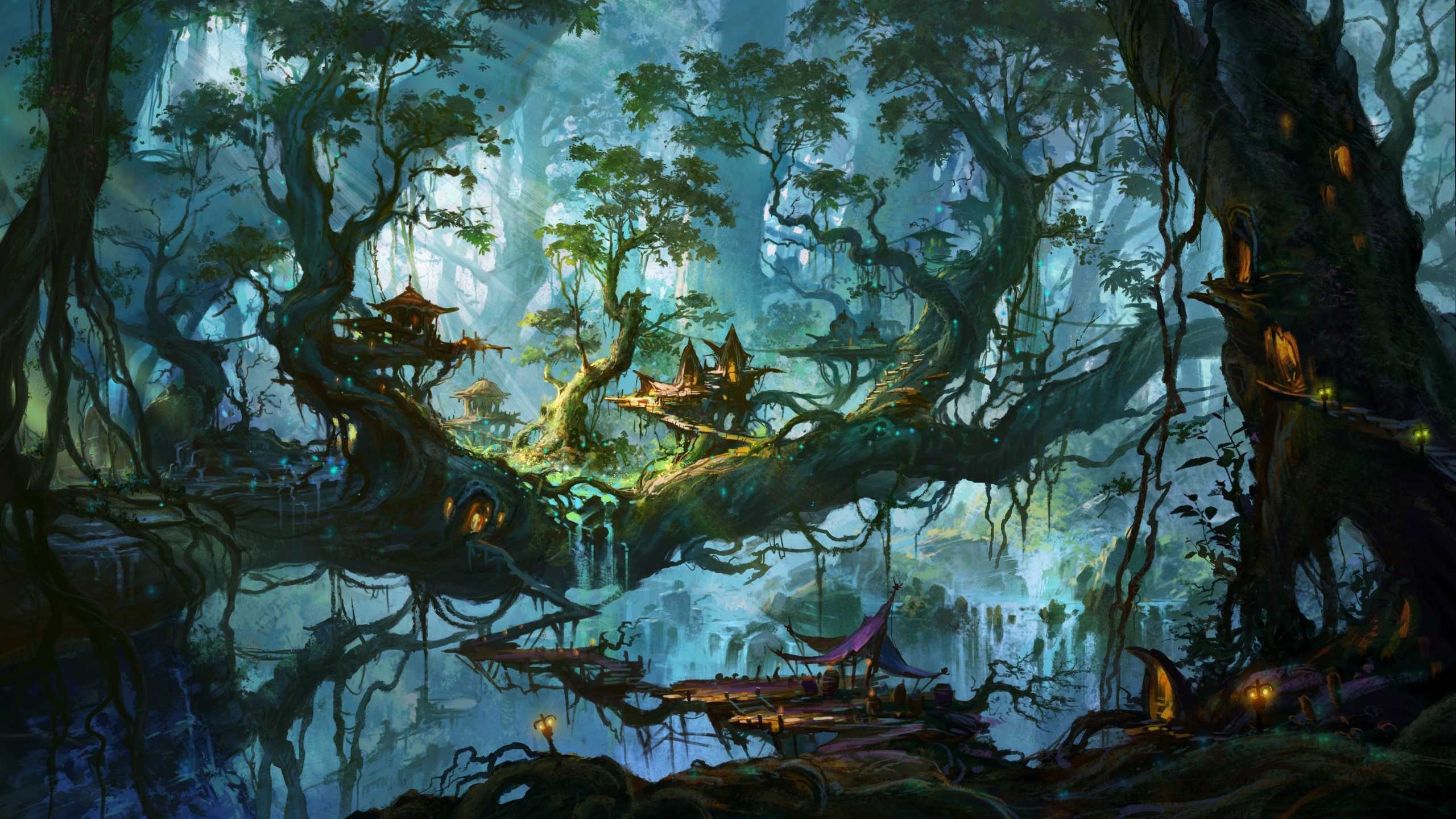 Обои фэнтези, дерево, заболоченный рукав реки, лес, живопись в разрешении 2560x1440