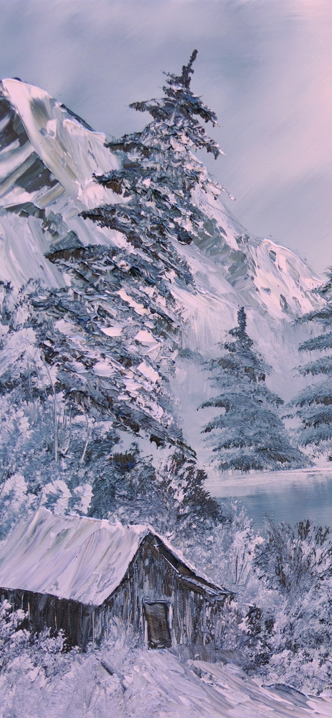 Обои живопись, арт, пейзажная живопись, зима, снег в разрешении 1125x2436