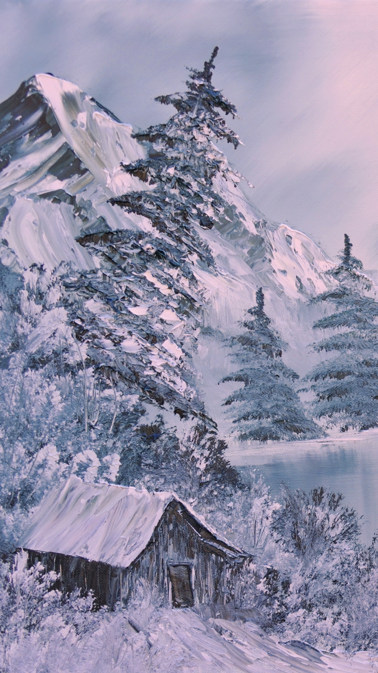 Обои живопись, арт, пейзажная живопись, зима, снег в разрешении 750x1334