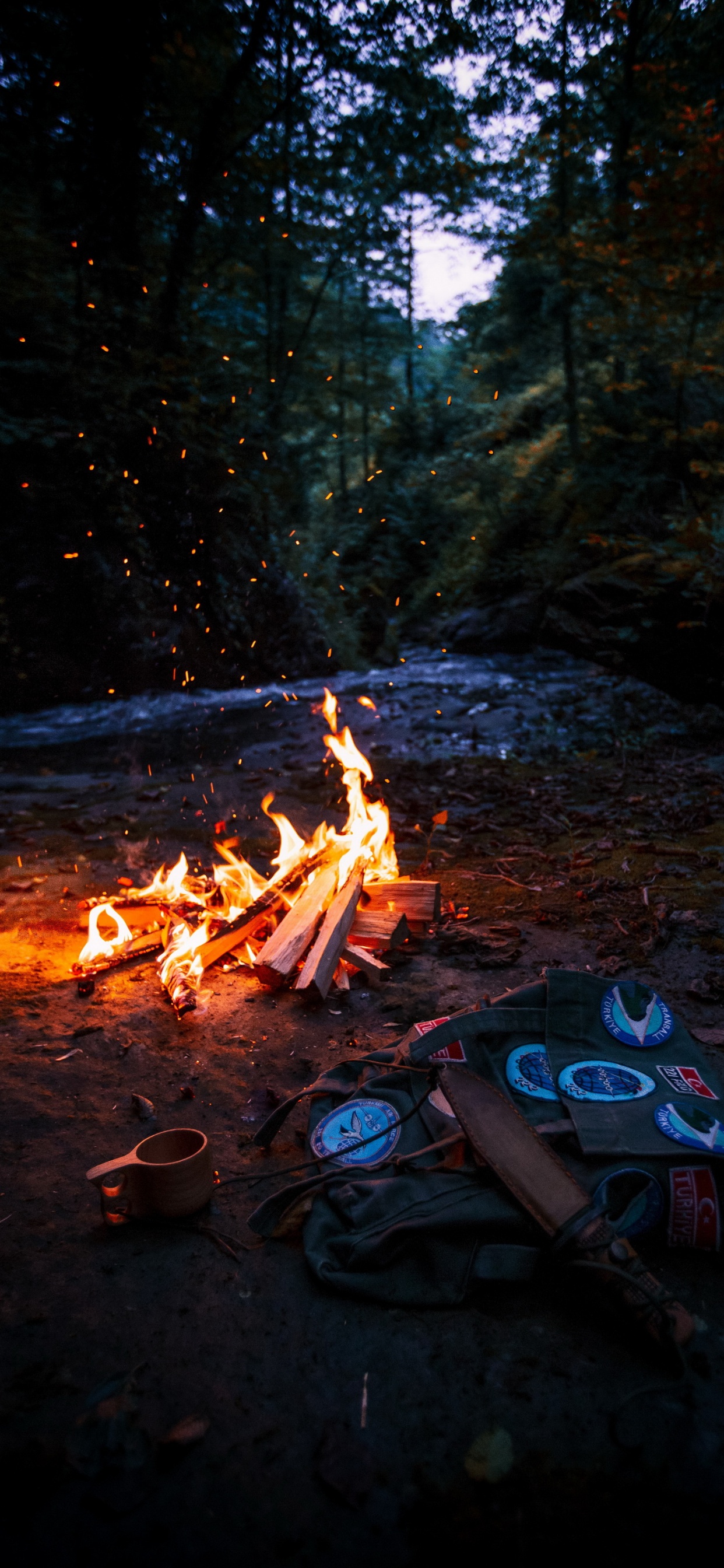 Обои палатка у костра, палатка, Кемпинг, костер, огонь в разрешении 1242x2688