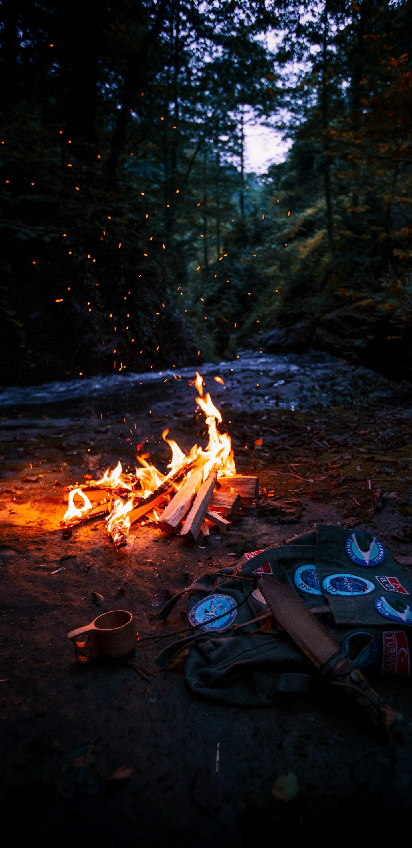 Обои палатка у костра, палатка, Кемпинг, костер, огонь в разрешении 1440x2960