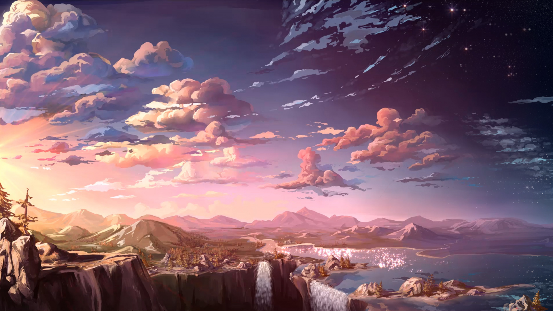 Обои аниме, пейзаж, театральные декорации, облако, природа в разрешении 1920x1080