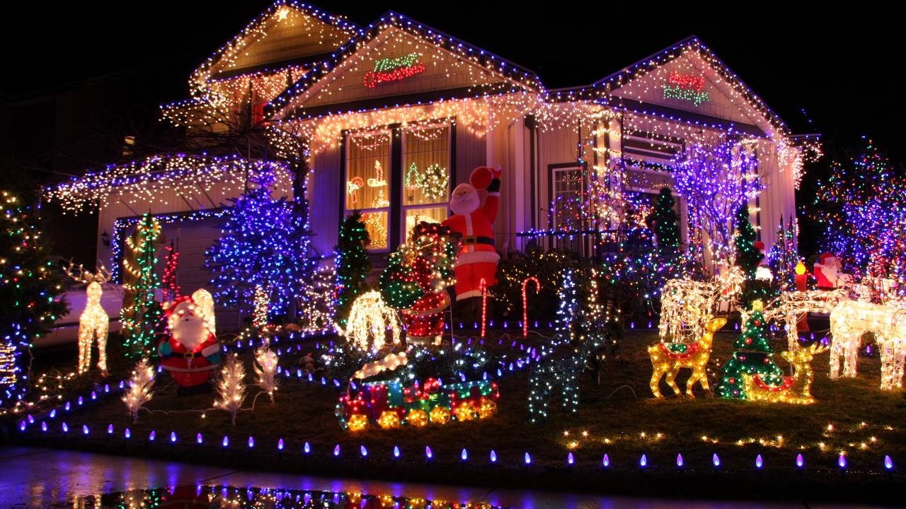 Обои Рождественский день, Рождественские огни, Рождественские украшения, освещение, свет в разрешении 1280x720