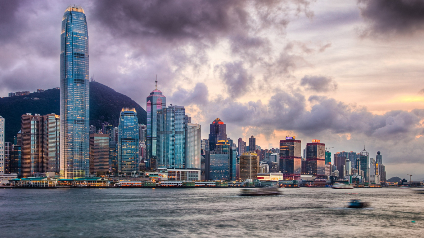 Обои Гавань Виктория, пик Виктория, городской пейзаж, город, линия горизонта в разрешении 1366x768