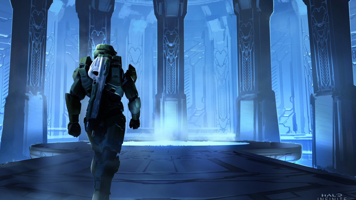 Обои Гало Бесконечно, синий, свет, темнота, Цифровой композитинг в разрешении 1366x768