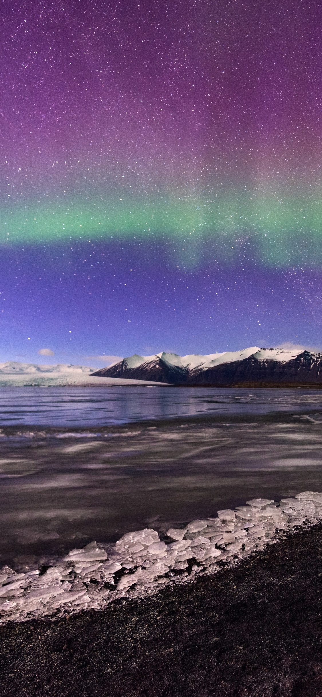 Обои Аврора, ледник, свет, вода, природный ландшафт в разрешении 1125x2436