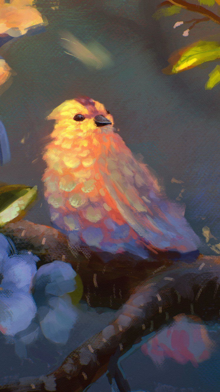 Обои живопись, птица, зарянка, ветвь, мухоловок в разрешении 750x1334