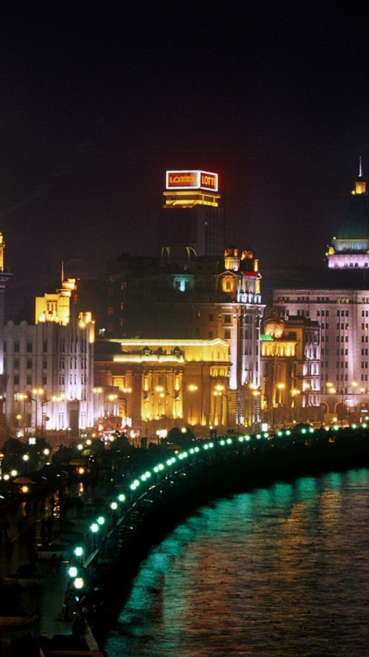 Обои набережная, Пудун, город, ночь, метрополия в разрешении 750x1334