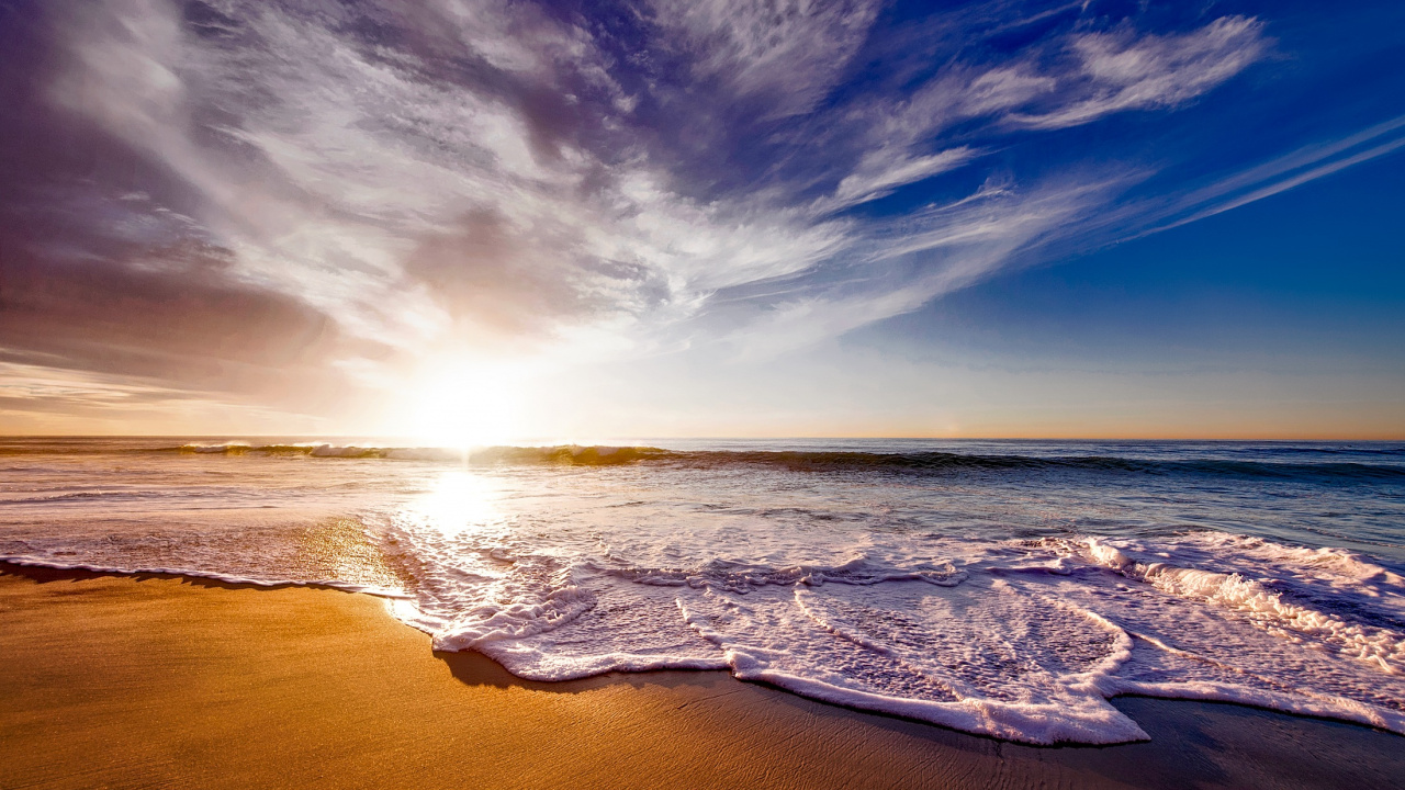 Обои океан, море, пляж, закат, водоем в разрешении 1280x720