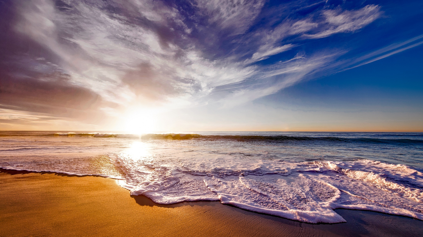 Обои океан, море, пляж, закат, водоем в разрешении 1366x768