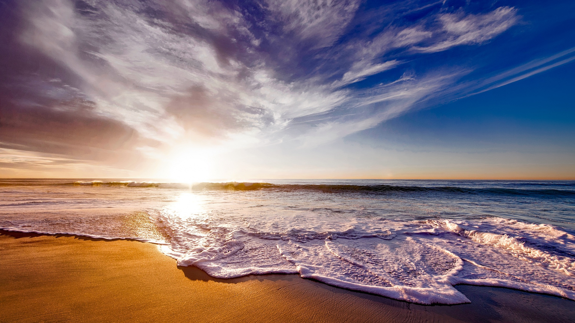 Обои океан, море, пляж, закат, водоем в разрешении 1920x1080
