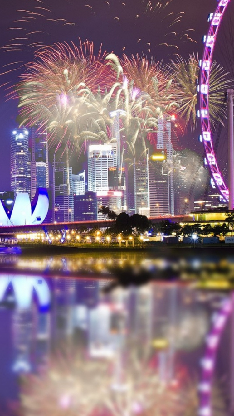 Обои Singapore Flyer, путешествие, канун Нового года, городской пейзаж, отражение в разрешении 750x1334