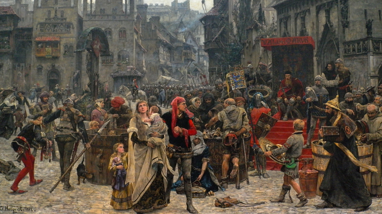 Обои живопись, средневековье, история, битва, Гипотеза фантомного времени в разрешении 1280x720