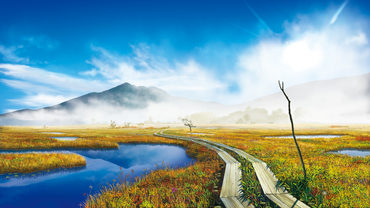 Обои природа, гидроресурсы, сенокосное угодье, утро, пейзажи гор в разрешении 1280x720