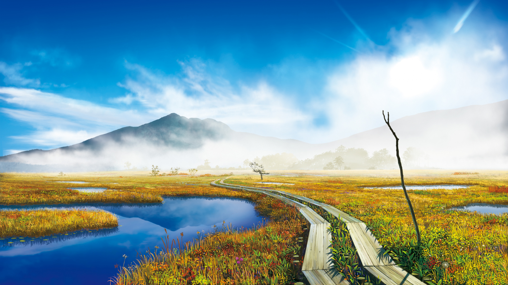 Обои природа, гидроресурсы, сенокосное угодье, утро, пейзажи гор в разрешении 1920x1080